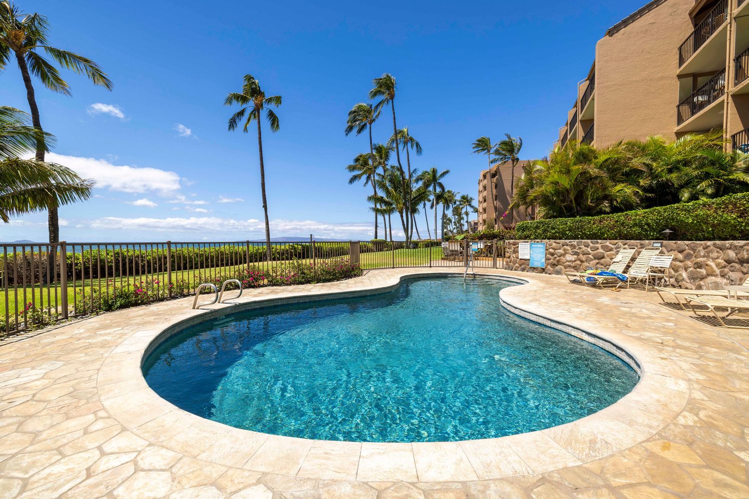 Curved resort-style swimming pool with a stone deck, lounge chairs, tall palm trees, and a condominium building under a bright blue sky.
