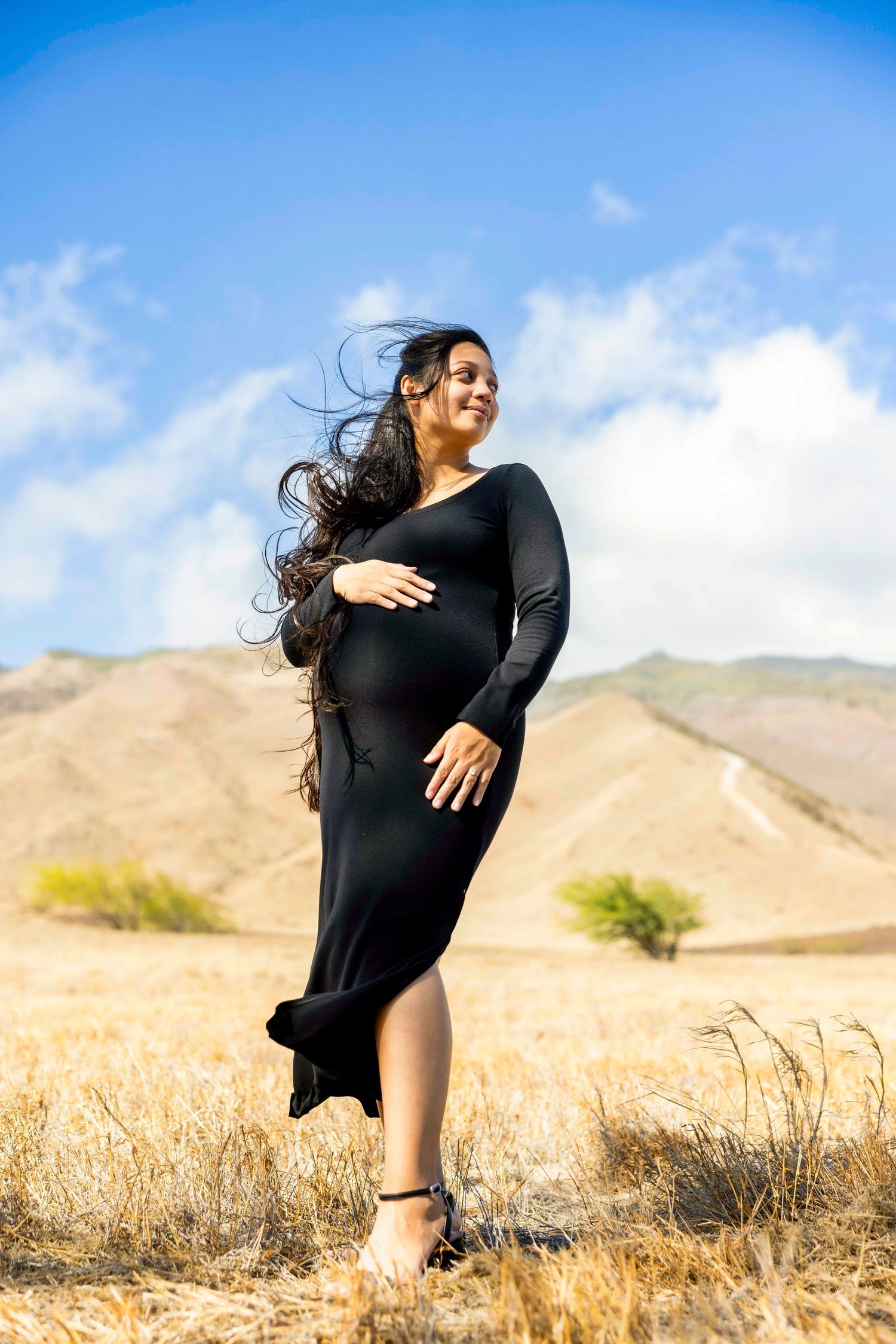Pregnant woman in a fitted black dress poses with long hair blowing in the wind in a golden grass field with hills and blue sky. Wailuku