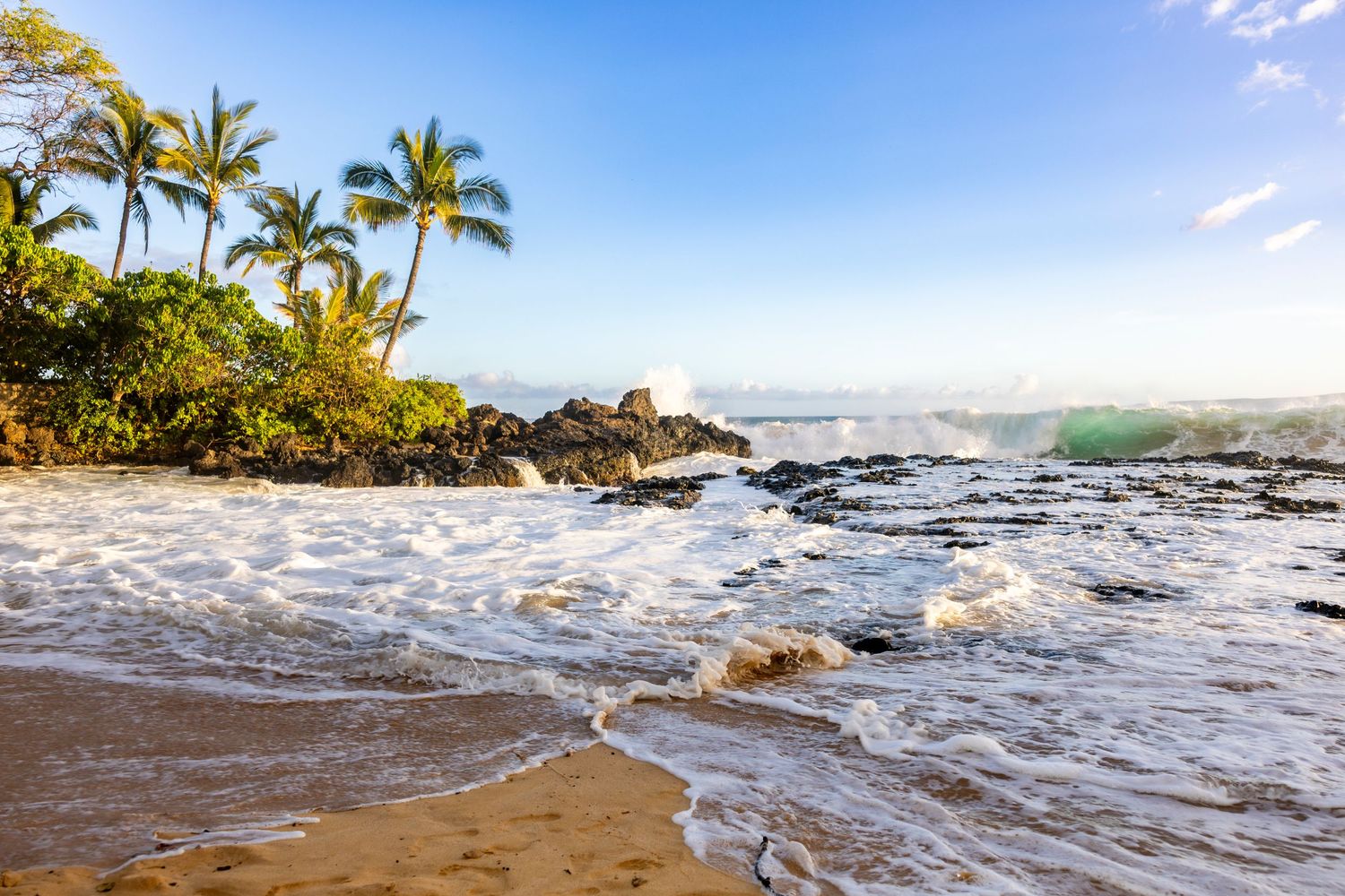 Waves wash onto a golden sandy tropical beach with palm trees and lava rocks under a bright blue sky. Makena