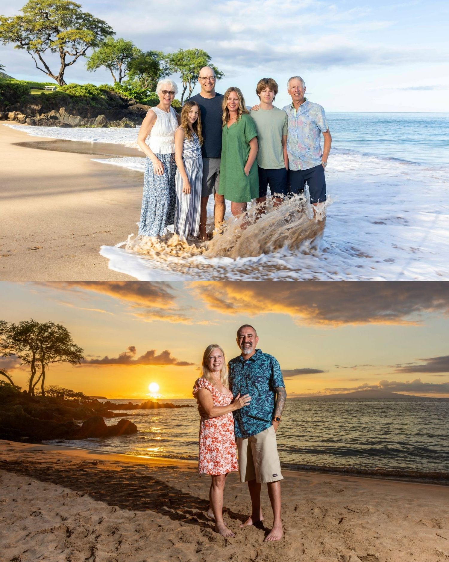Family of six poses on a Hawaii beach near ocean waves, with a couple smiling on the sand below at a golden sunset.