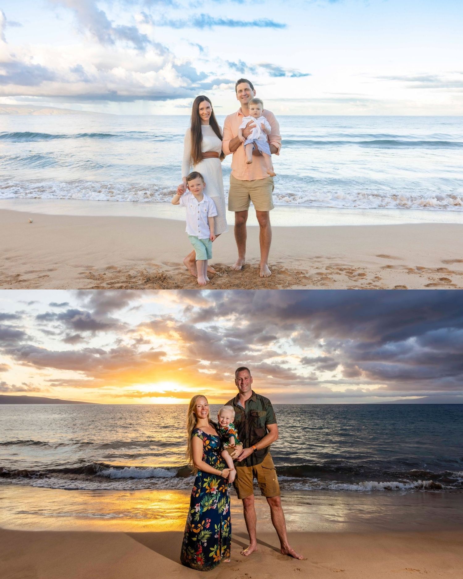 Family of four with two young children posing on a Hawaii beach, shown in a bright daytime shot above and a colorful sunset shot below.