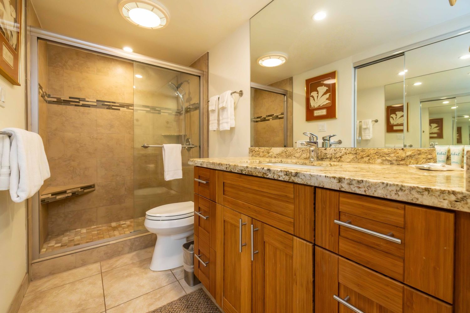 Bathroom with a walk-in tile shower, warm wood vanity cabinets, granite countertop, large mirror, and white toilet.