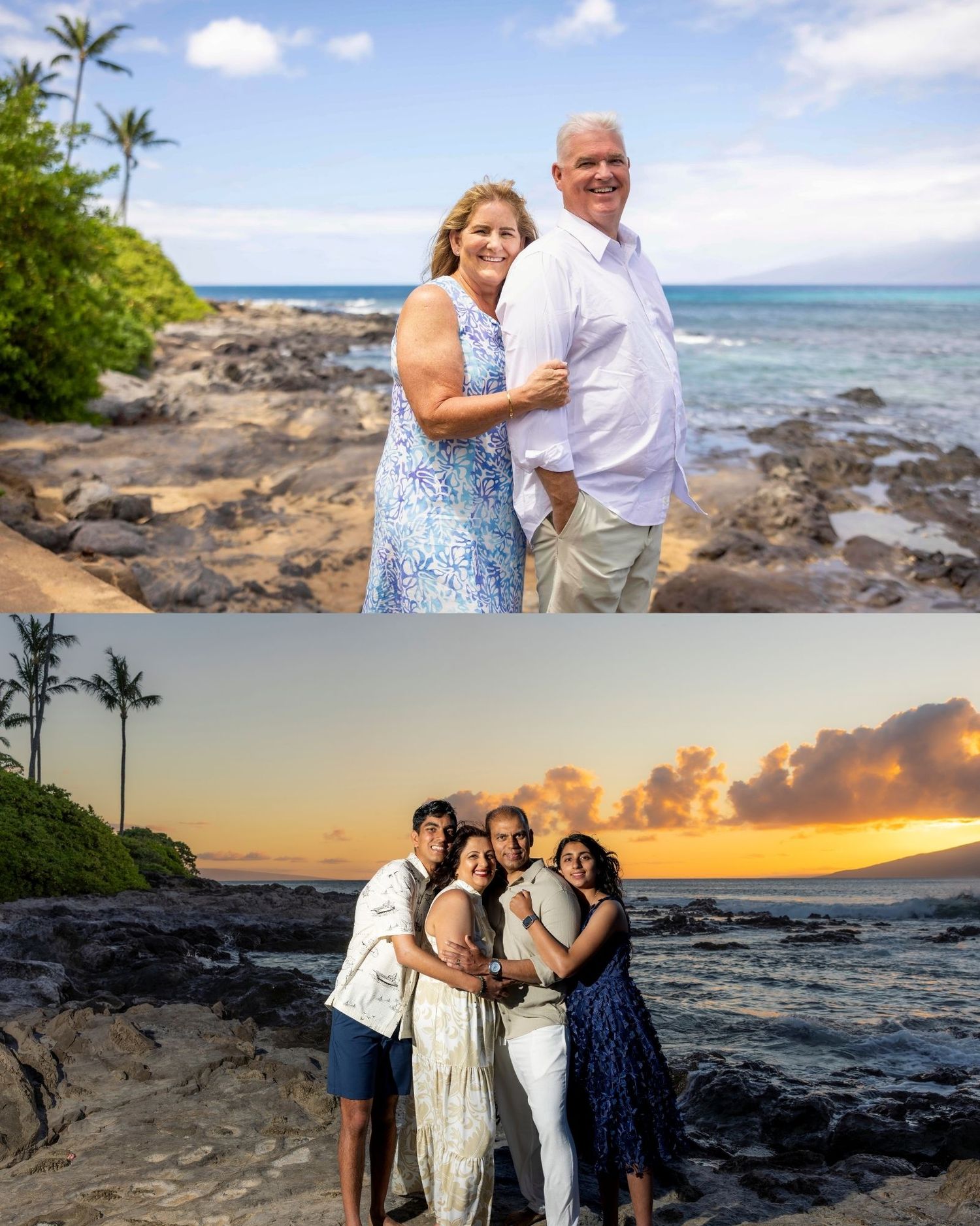 Couple embracing on a rocky tropical shoreline, then a family of four posing at sunset by the ocean with palm trees in a coastal portrait.
