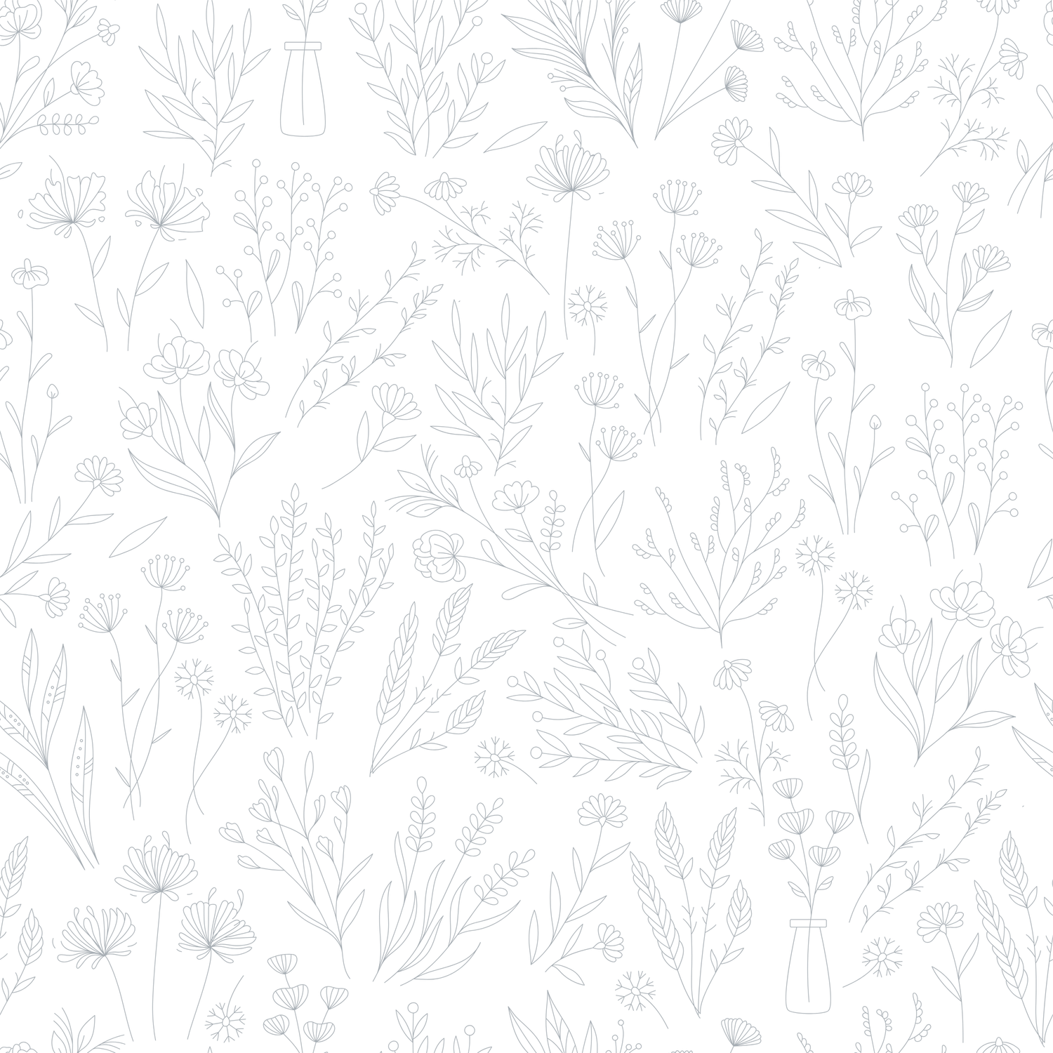 A subtle seamless pattern of light gray hand-drawn wildflowers and botanical illustrations on a white background.