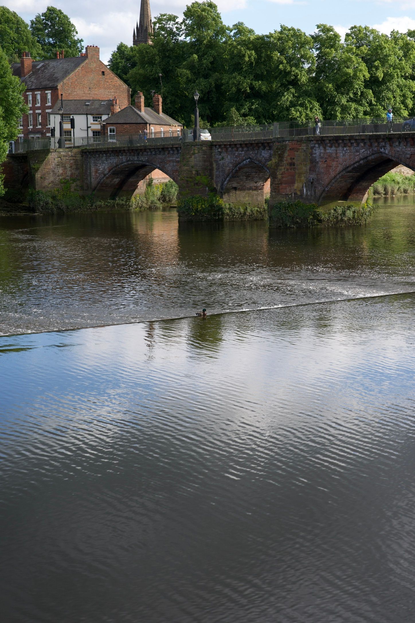 Historic stone bridge with red brick arches spanning a calm river, with lush green trees and traditional buildings in the background.