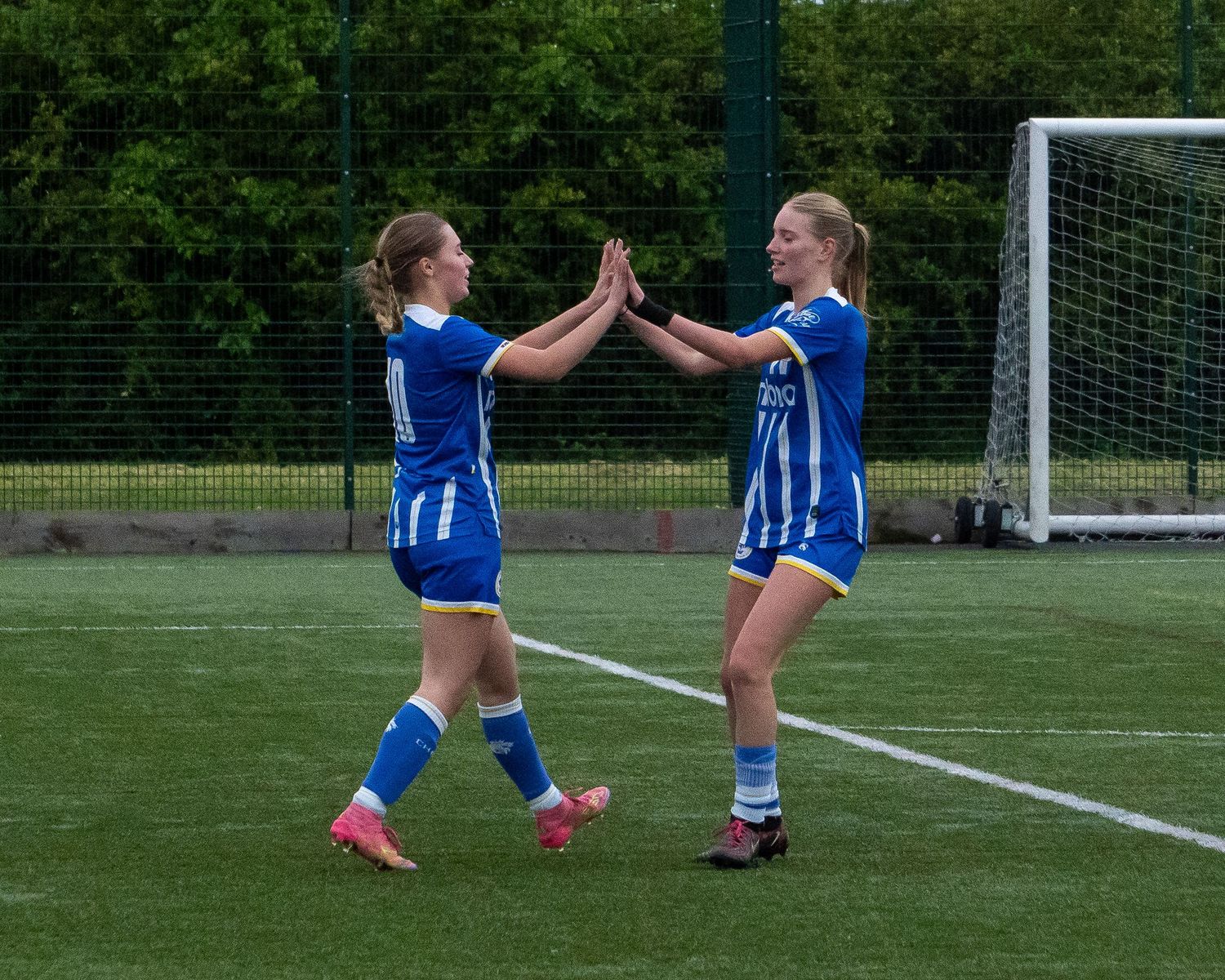 Two female soccer players in blue and white kits celebrating with a high five on a green pitch.