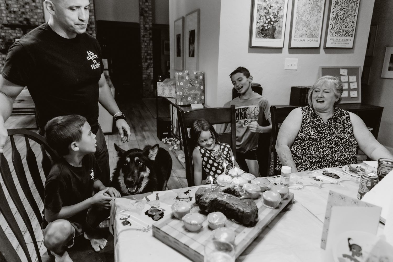 A black and white photo collage showing dining scenes with various people gathered around tables.