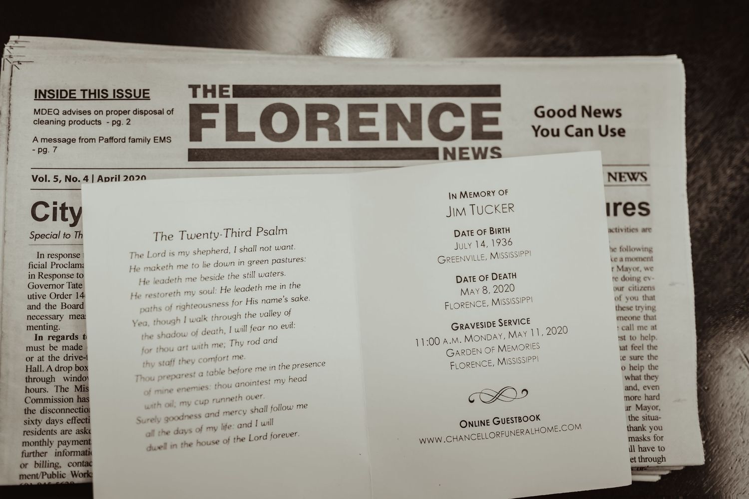 A close-up view of The Florence News newspaper header in black and white print.