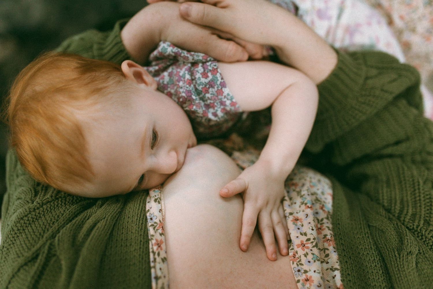 Multiple views of someone in a knit sweater resting near a sunlit window with floral print details.