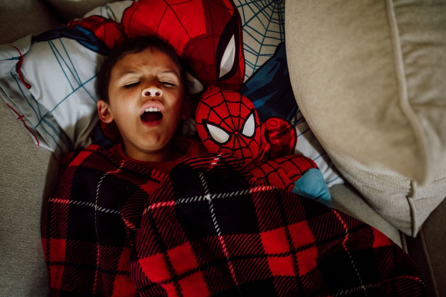 Cozy moments captured on a plaid blanket showing expressions of joy.