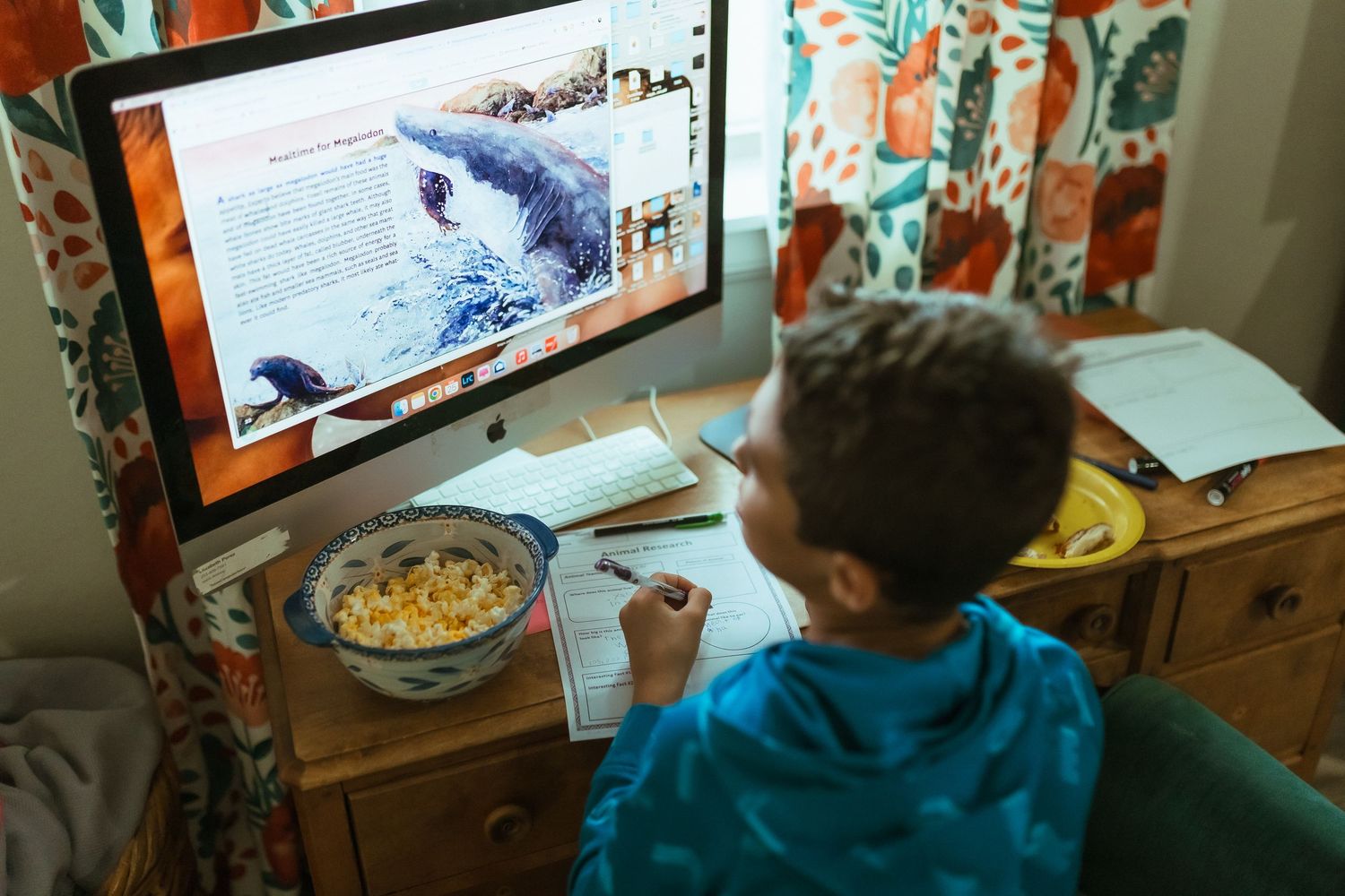 A montage of photos showing someone drawing and working on animation frames at a desk with digital equipment. In-Home Photography Liz Perez