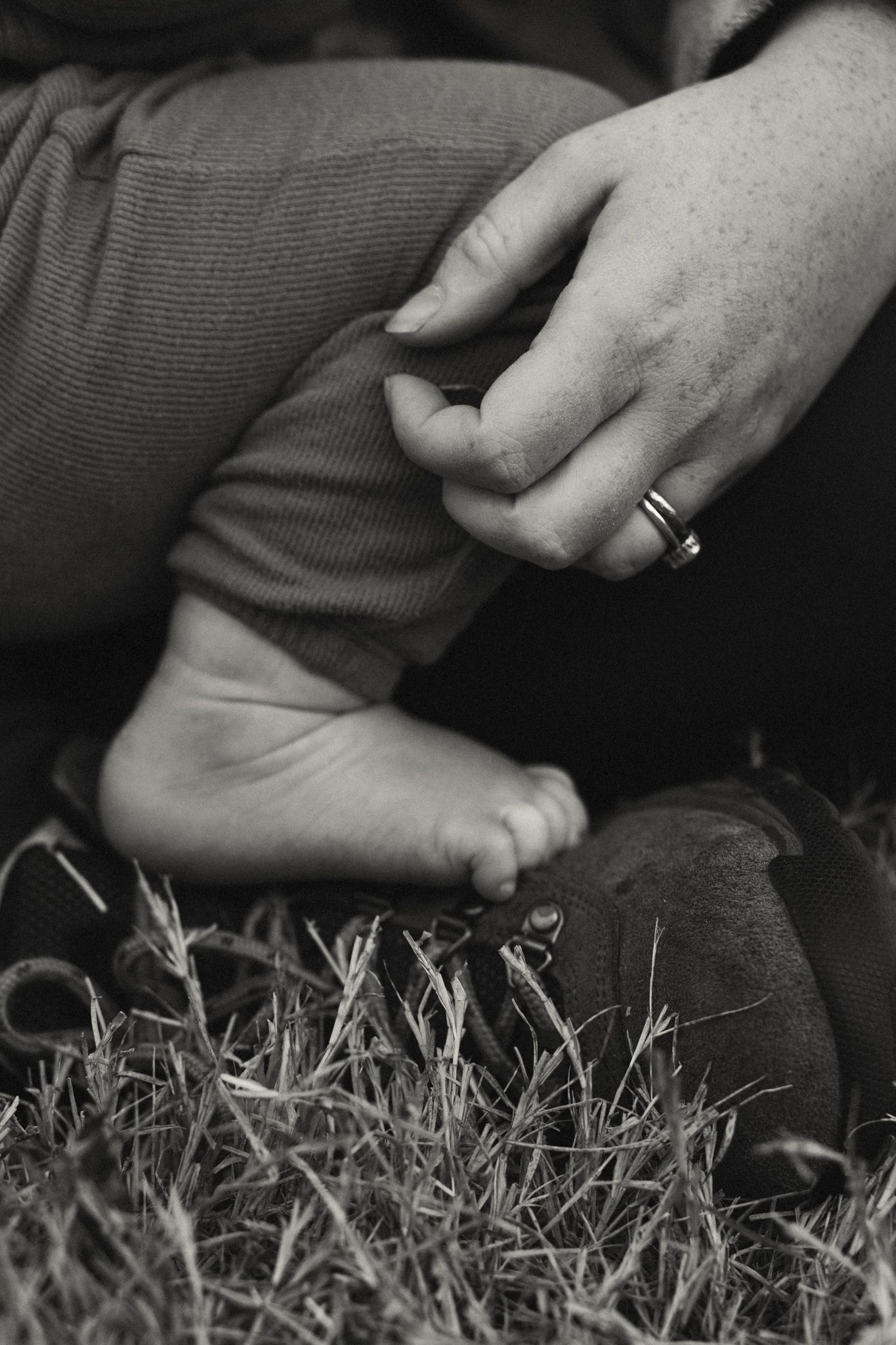 A series of hands shown in black and white photographs digging or working in soil with grass.