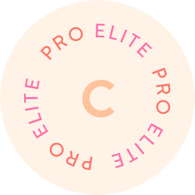 Pro Elite badge with circular text on a peach background featuring a central C logo.