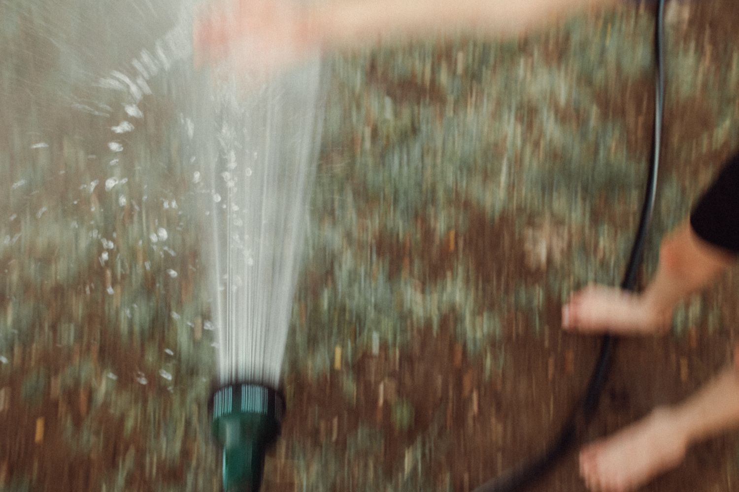 Water spraying from garden hose nozzle outdoors in motion blur photography.