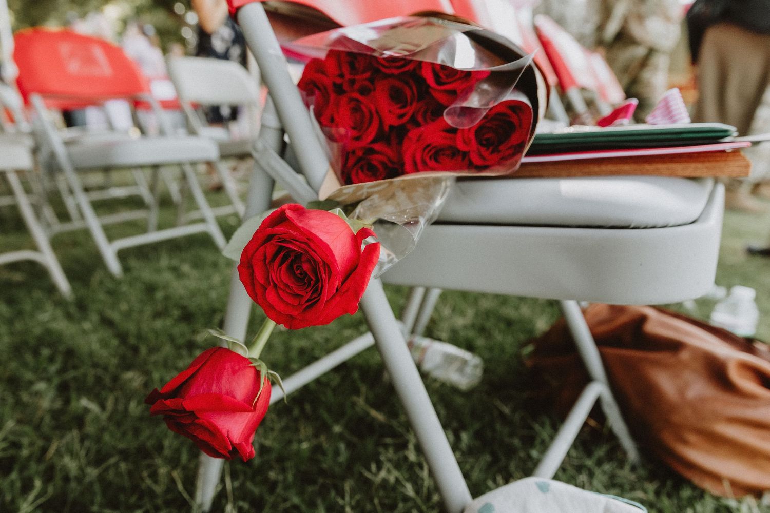 Red roses decorate white folding chairs at an outdoor wedding ceremony setup on green grass.