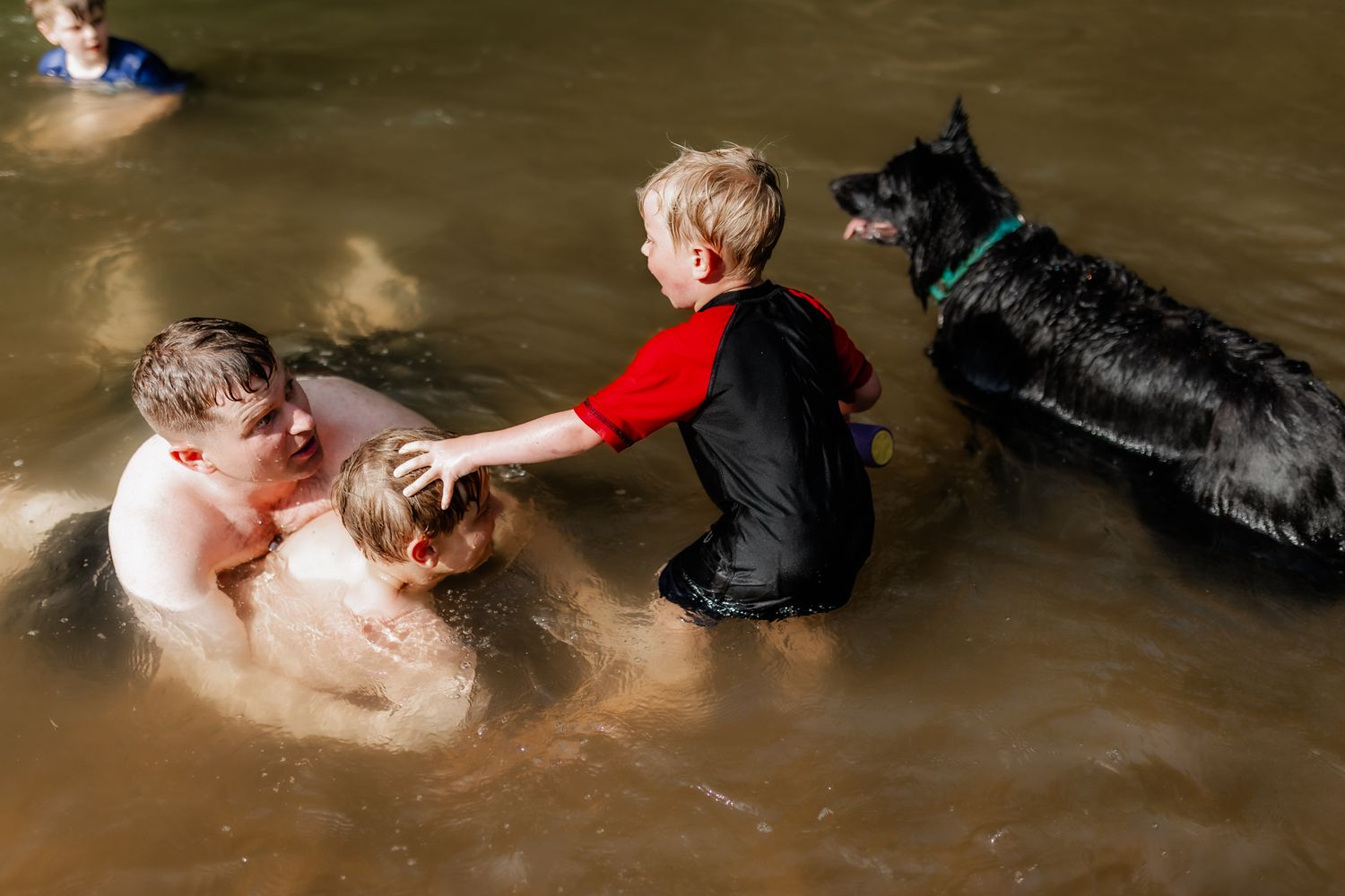 A playful scene in muddy water with a dog and swimmers having fun.