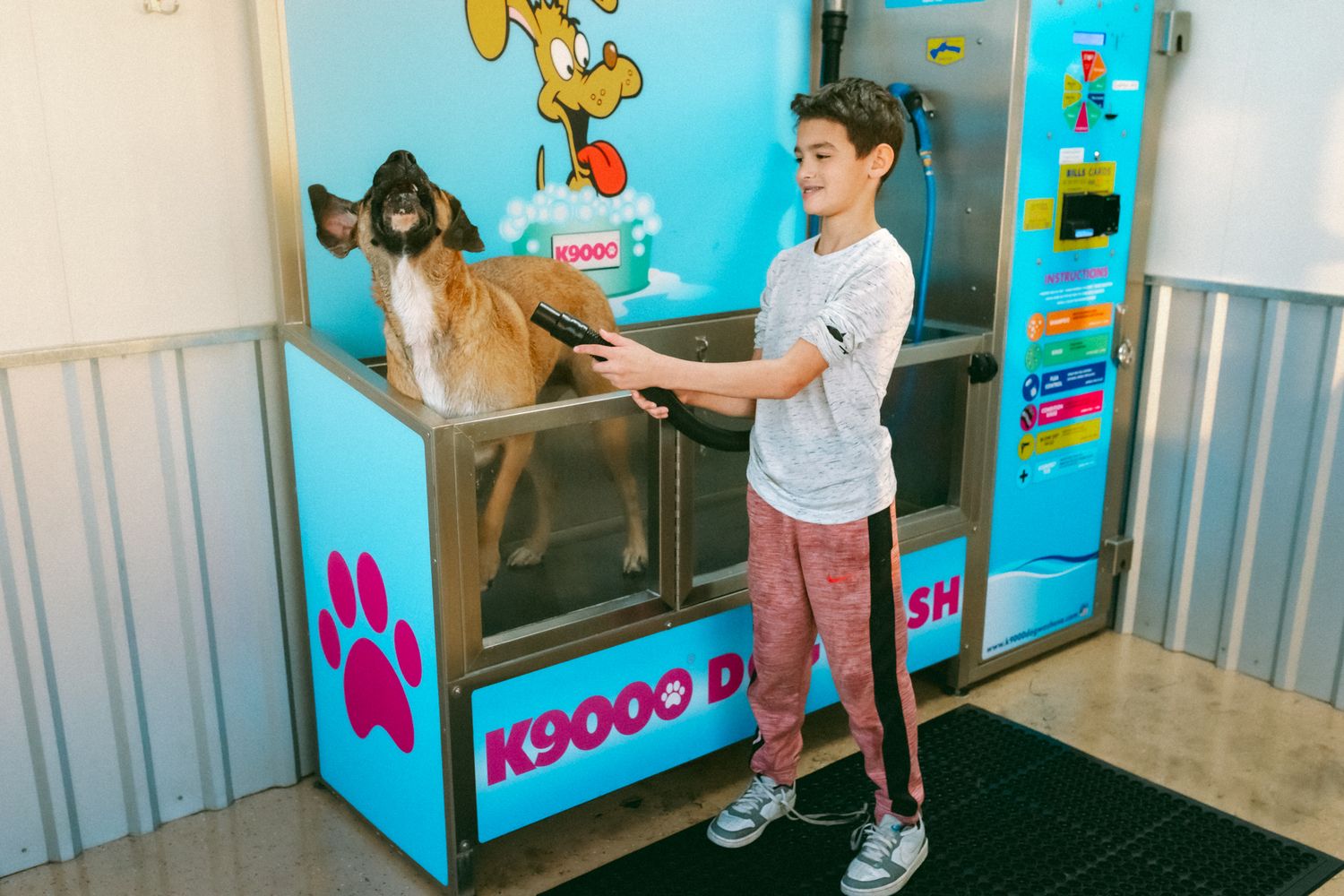 Series showing interaction with bright blue wall art in a children's space.