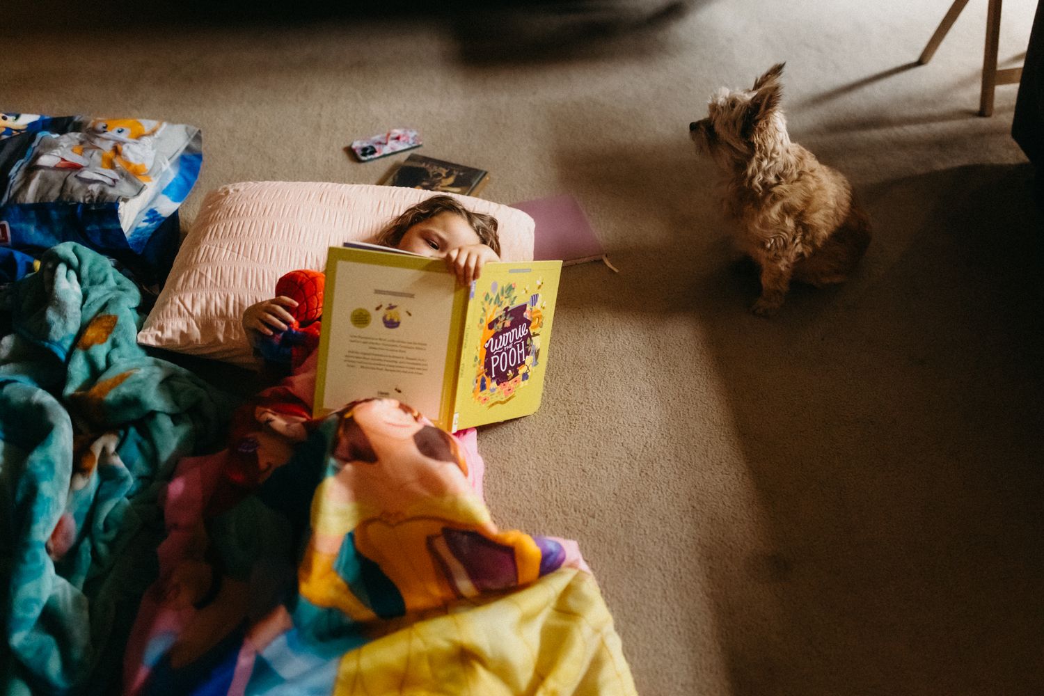 Toys and books scattered across carpeted floor in dim lighting.