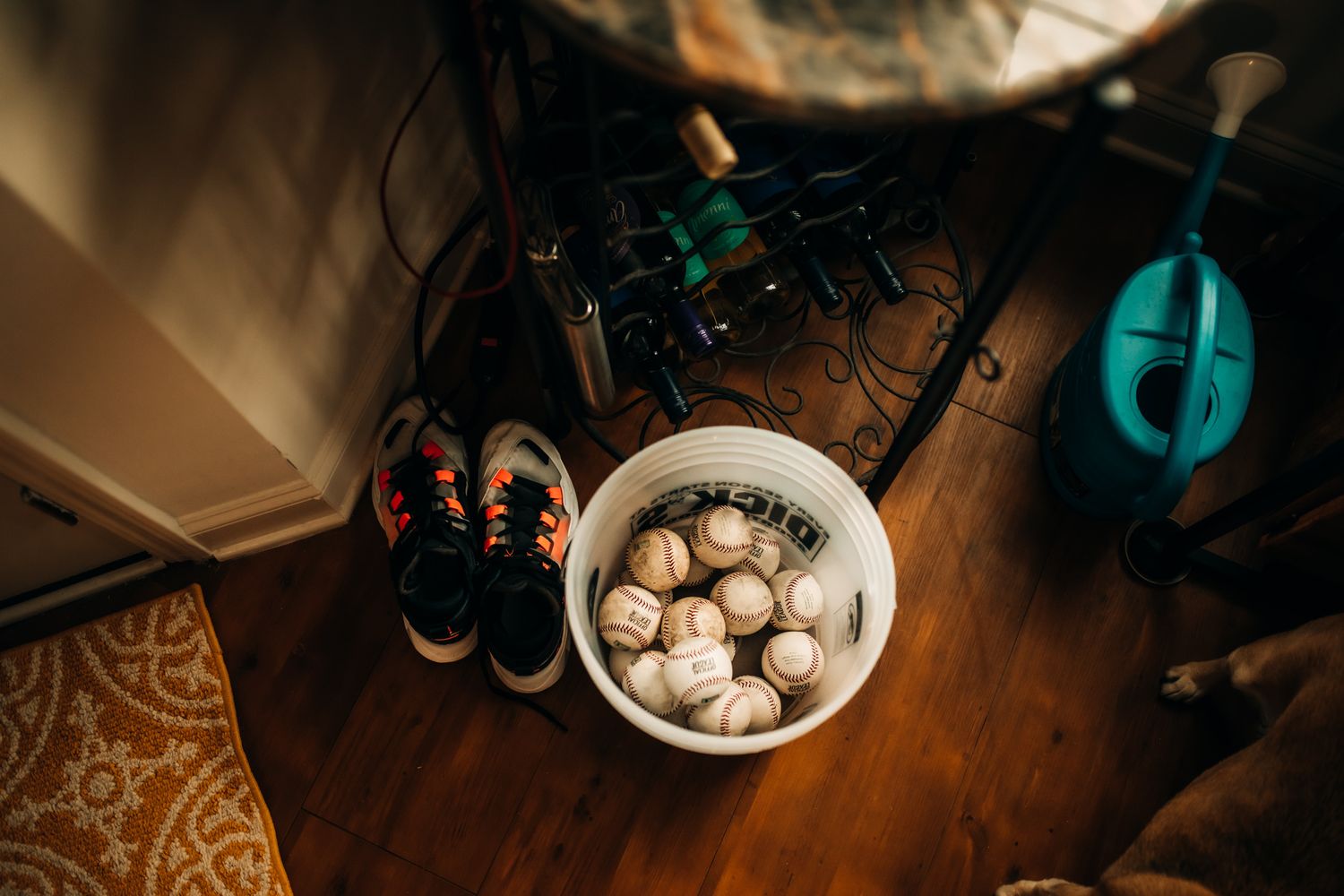 Bowl of dim sum dumplings on wooden floor next to shoes.