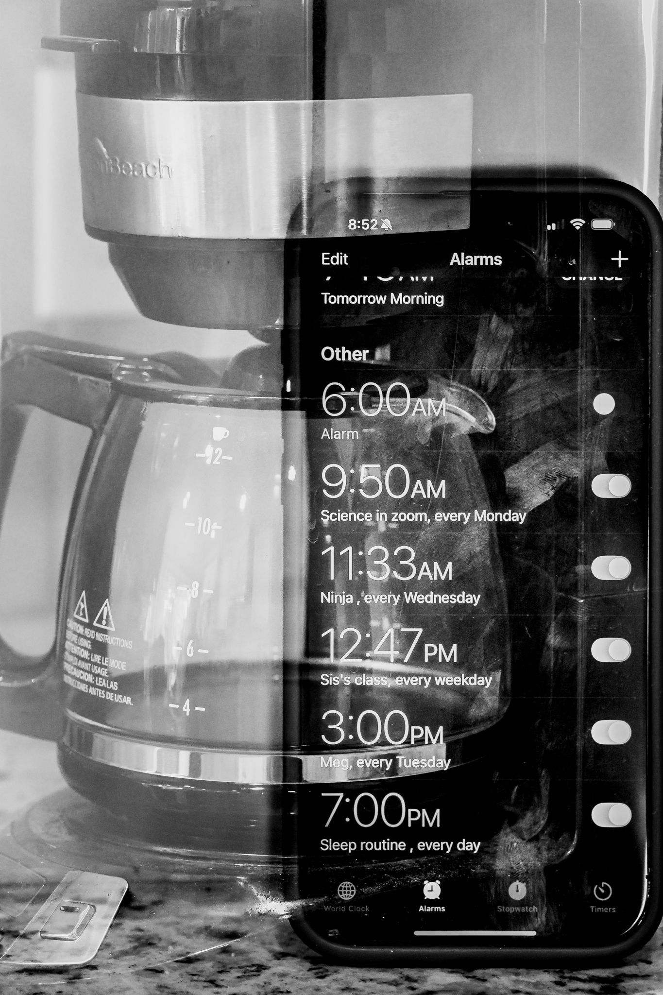 Collection of phone alarm screenshots showing various wake-up times next to a coffee maker.