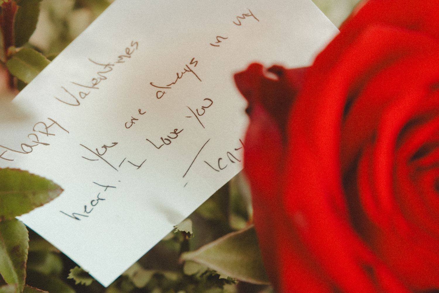 A handwritten Valentine's Day love note beside a vibrant red rose, expressing heartfelt affection.