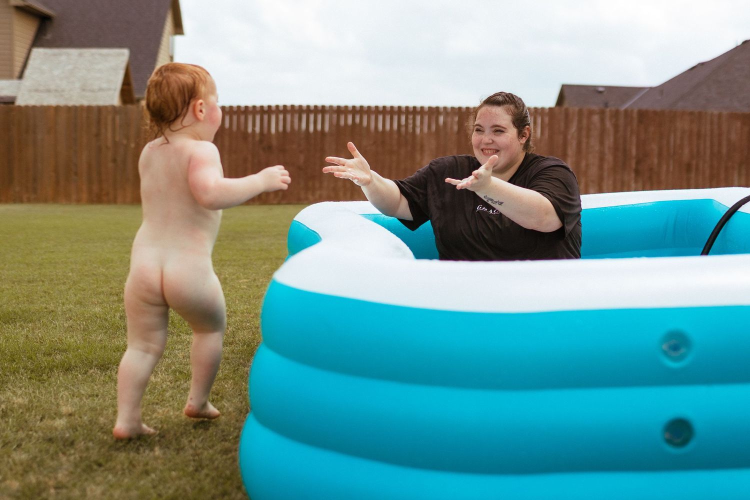A sequence of images showing a small child playing in a bright turquoise inflatable pool on a sunny day.