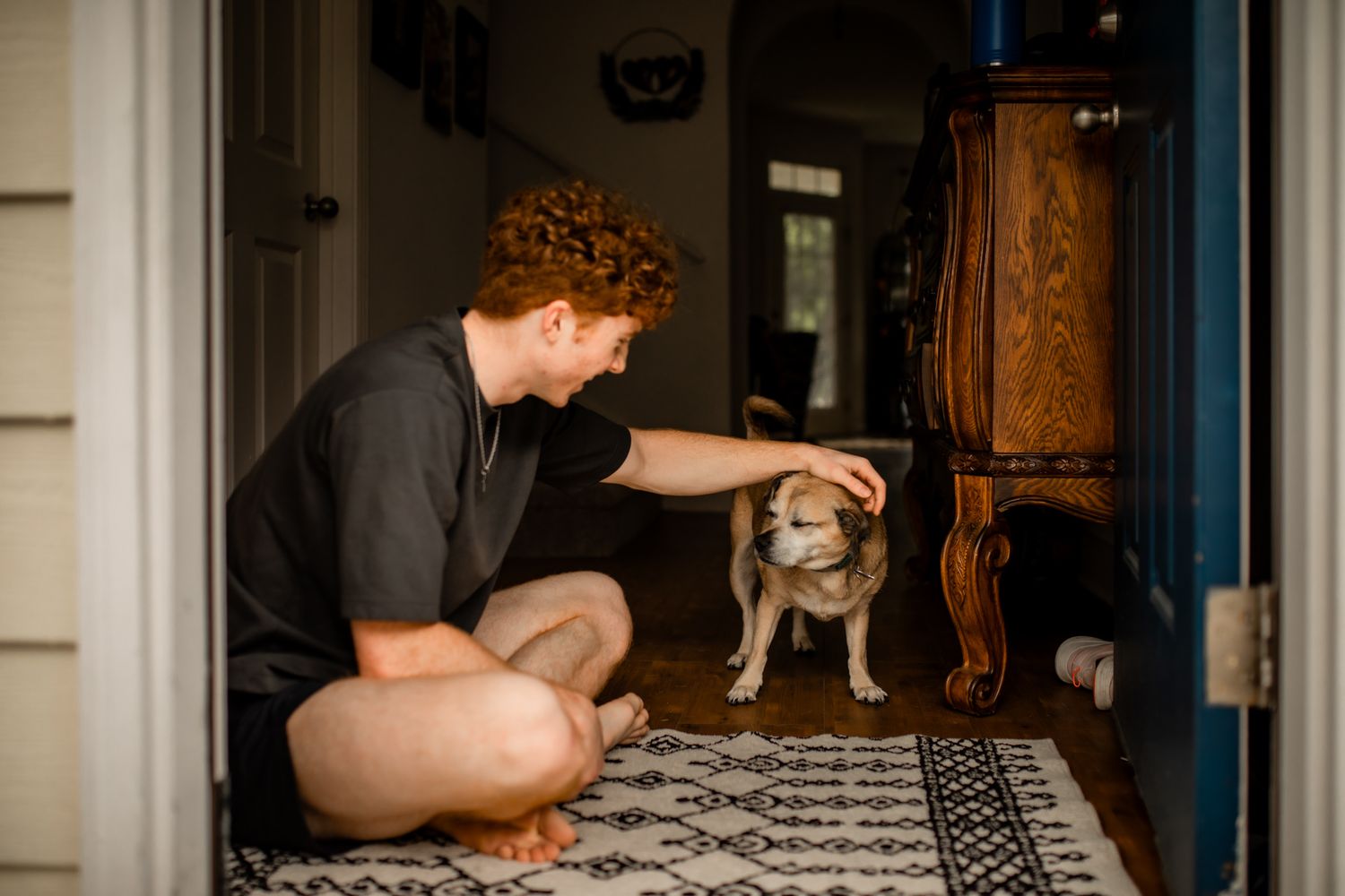 Person in black shirt kneeling to pet a small dog on a patterned rug indoors.