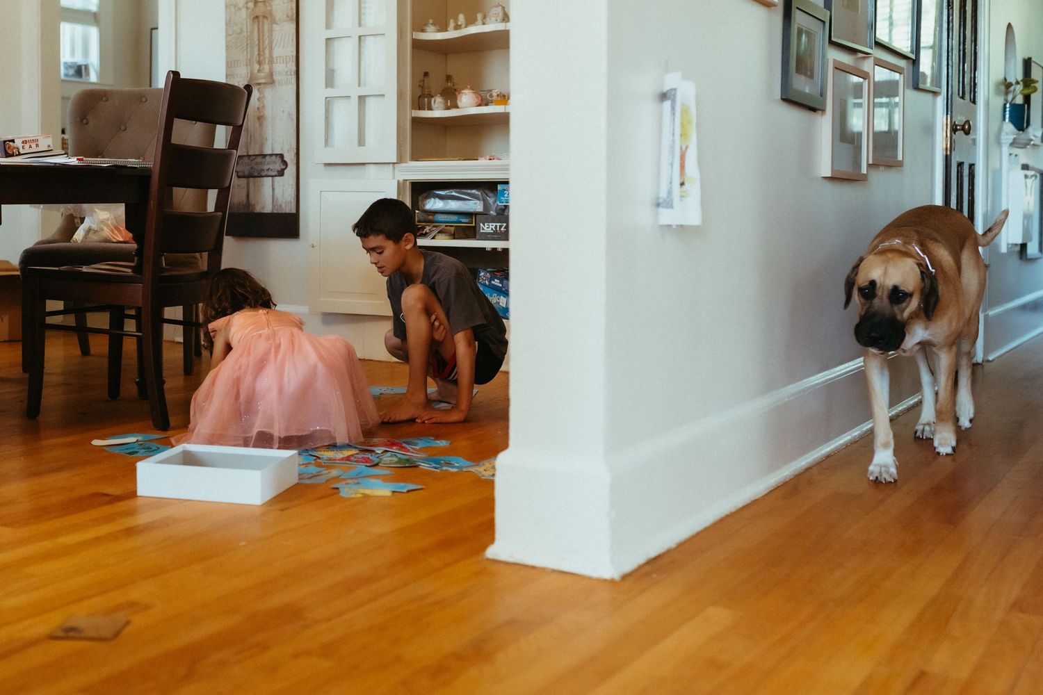 Time lapse sequence showing people assembling furniture units in a modern living room with hardwood floors.