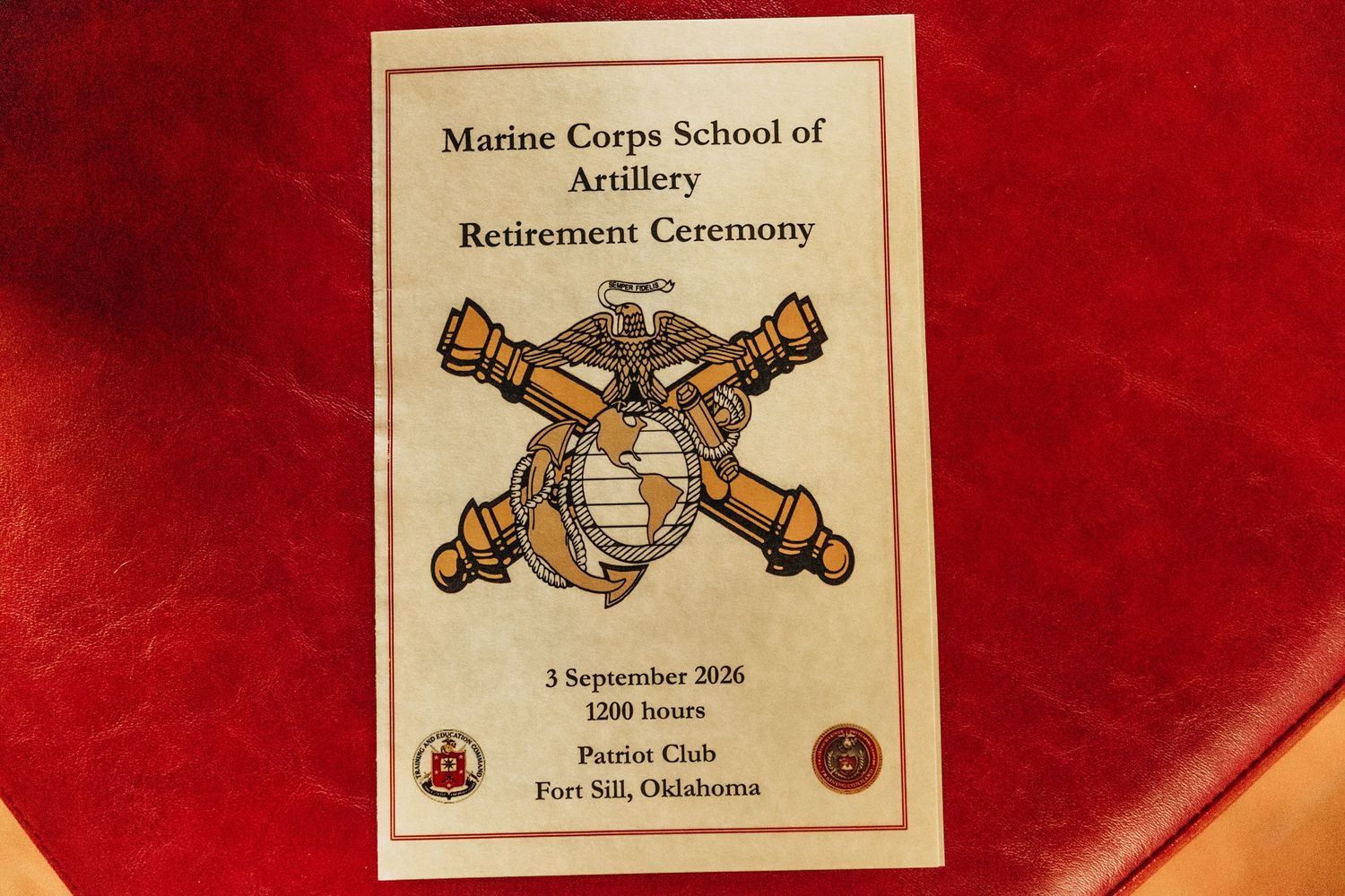 Marine Corps School of Artillery Retirement Ceremony program at Fort Sill, Oklahoma, dated September 3, 2026.
