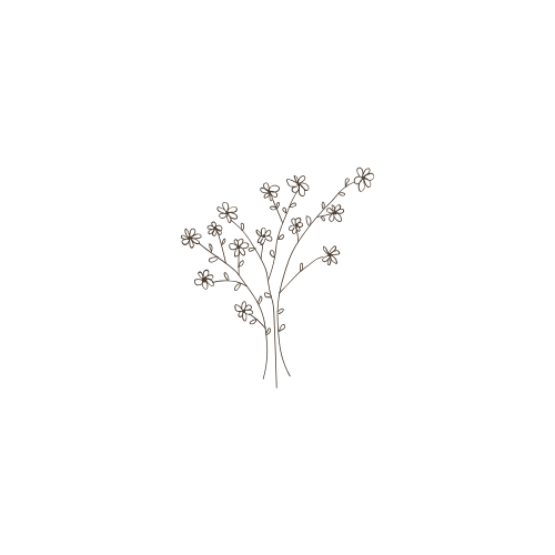 Minimalist black line drawing of a delicate wildflower bouquet with small blossoms on thin branching stems against a white background.