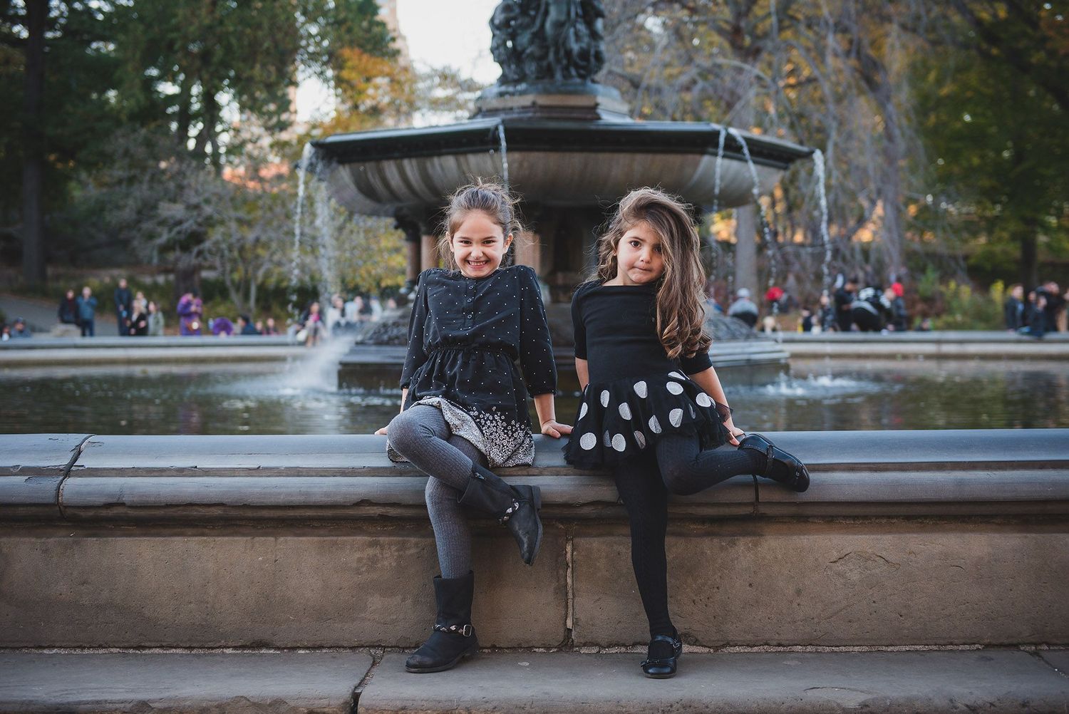 Series of candid outdoor photos showing people sitting on a stone ledge in autumn.