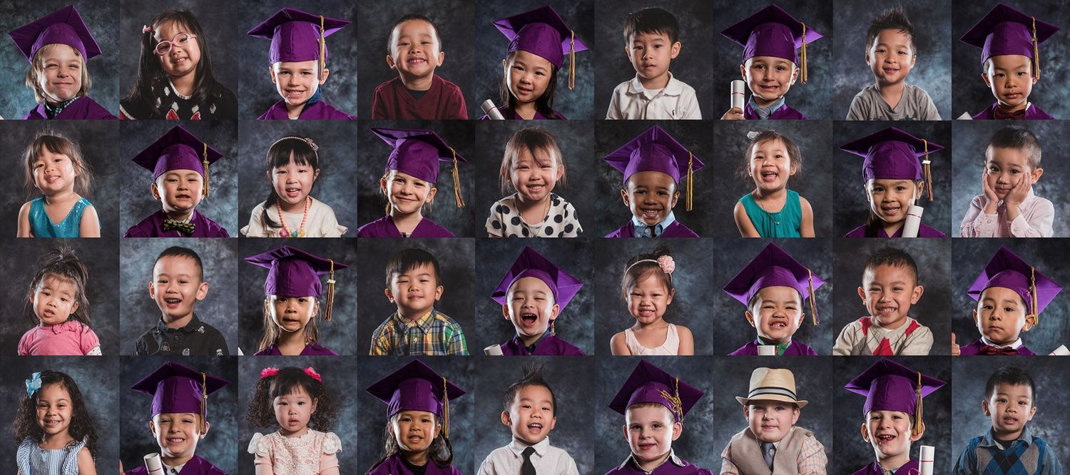 Graduation portrait collage showing multiple students in purple caps and gowns against dark background.