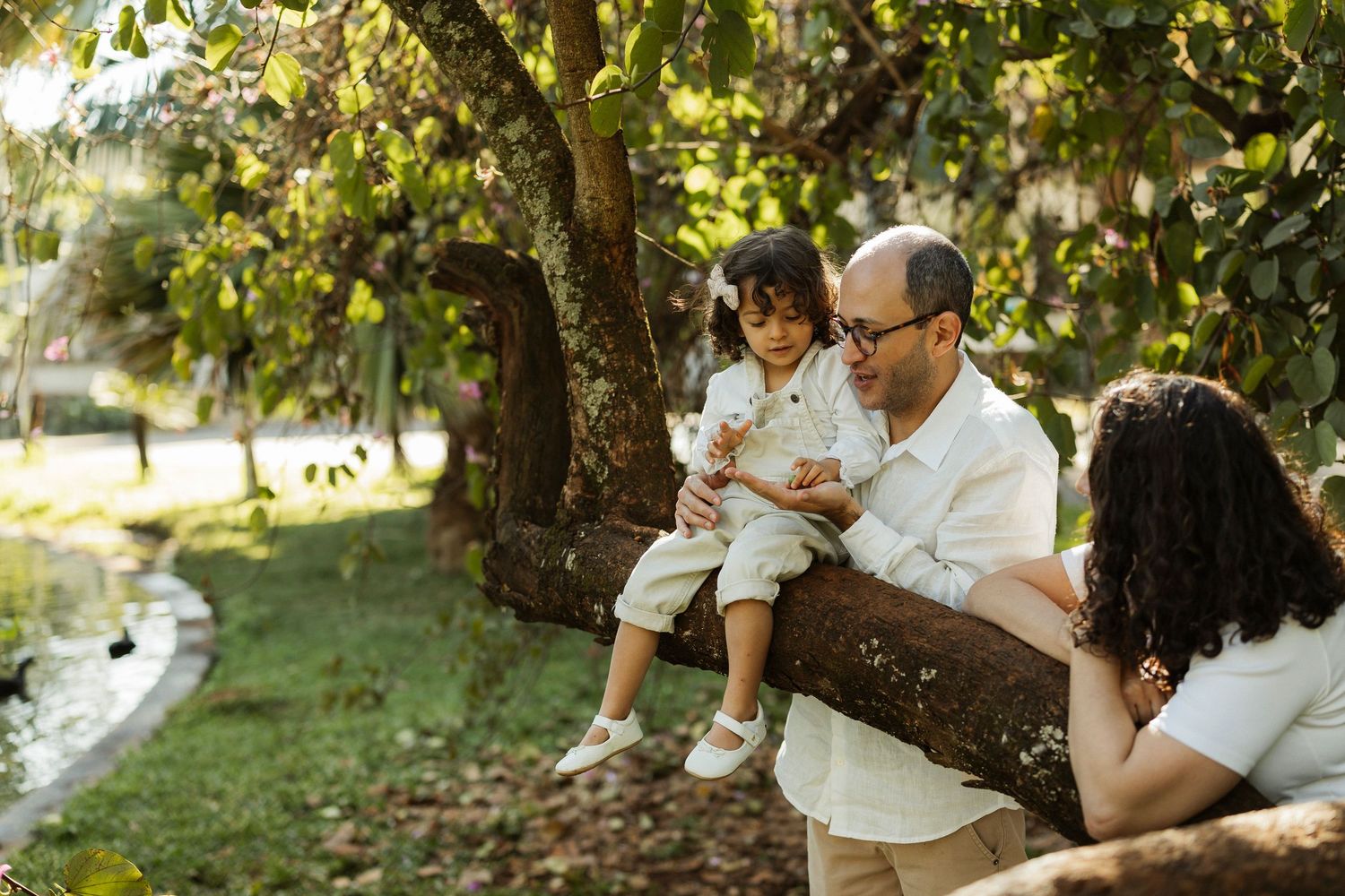 Family enjoying time outdoors in a park, father holding child on tree branch while mother watches nearby.