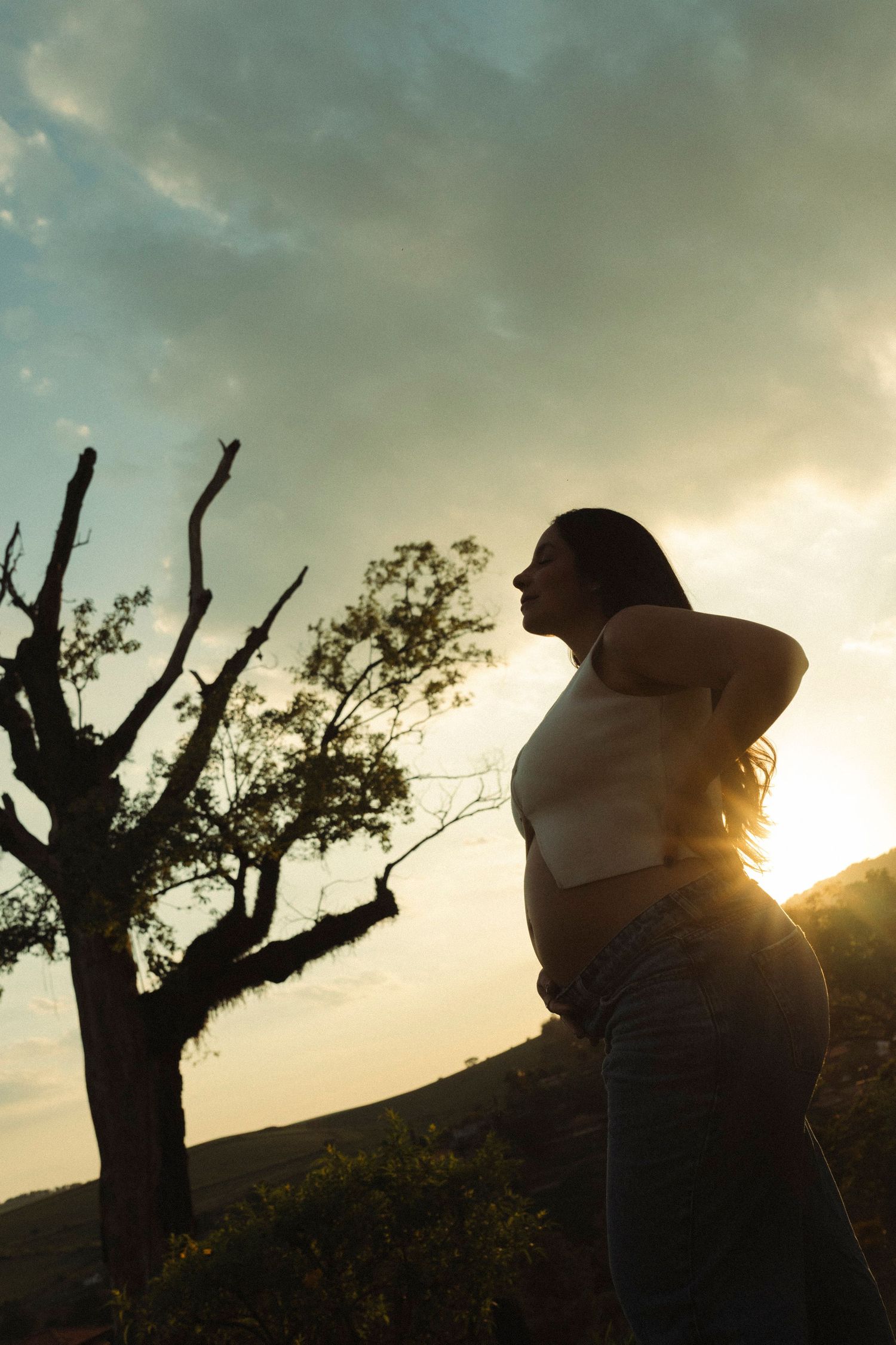 Silhouetted couple embracing at sunset with dramatic sky and tree backdrop.