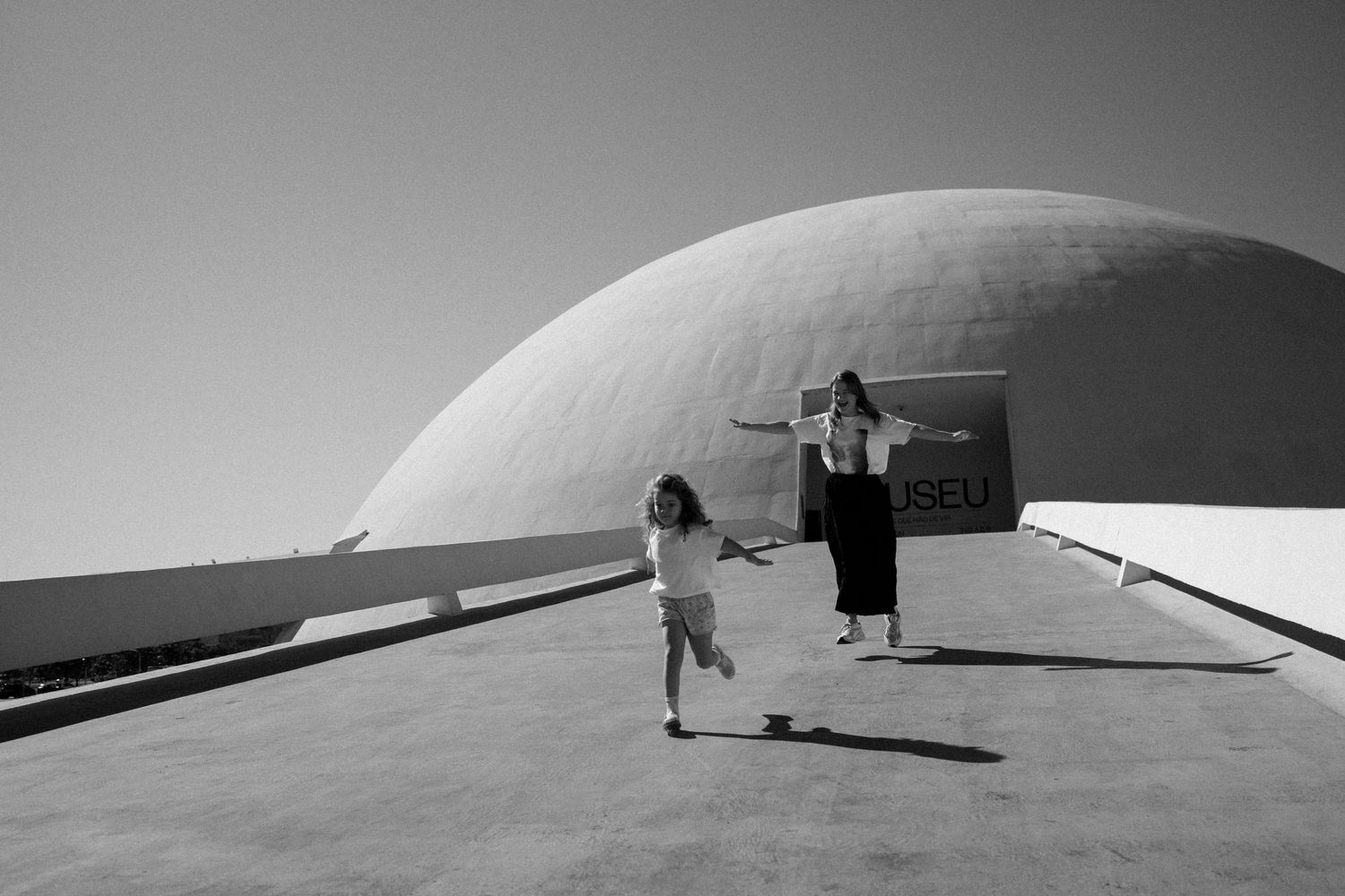 Minimalist black and white landscape panorama with architectural elements.