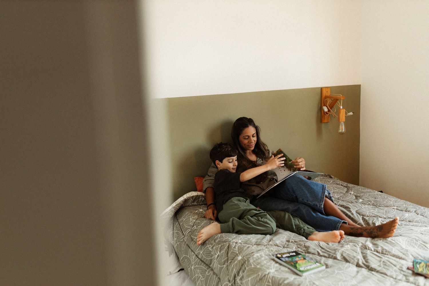 Candid indoor lifestyle photos showing relaxed moments on a bed.