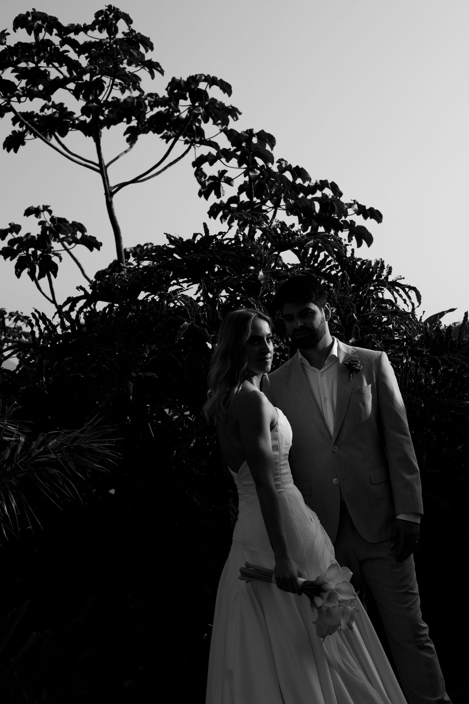 Dramatic black and white silhouette of a couple against lush tropical foliage.