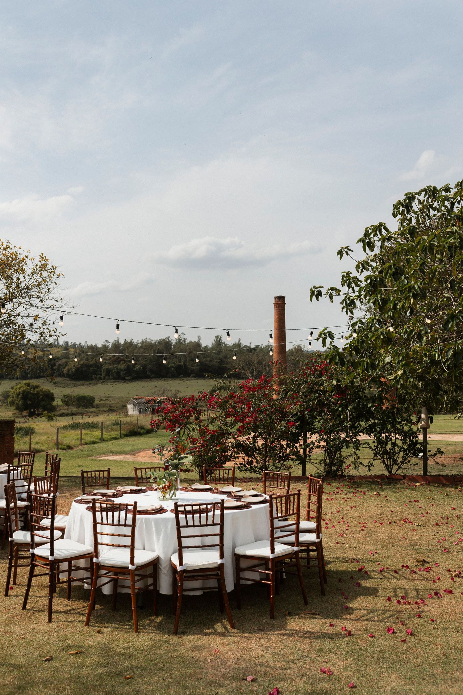 Outdoor wedding reception setup with wooden chairs and string lights in a natural setting.