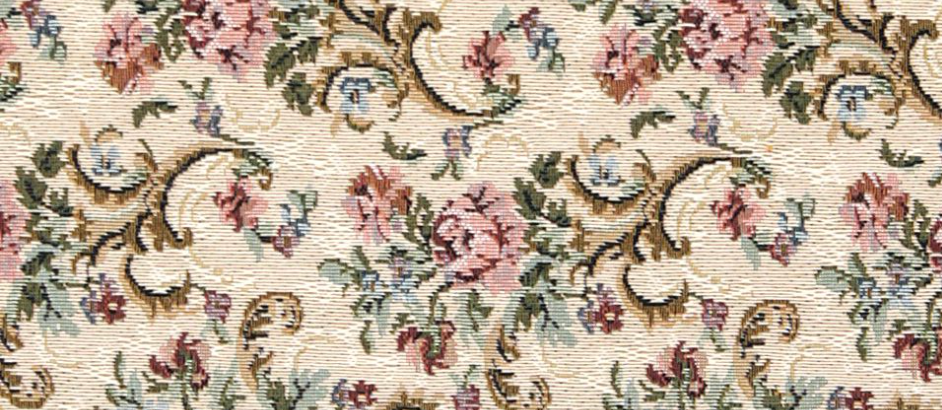 Elegant vintage floral tapestry fabric with pink roses and scrolling acanthus leaves on a cream background.