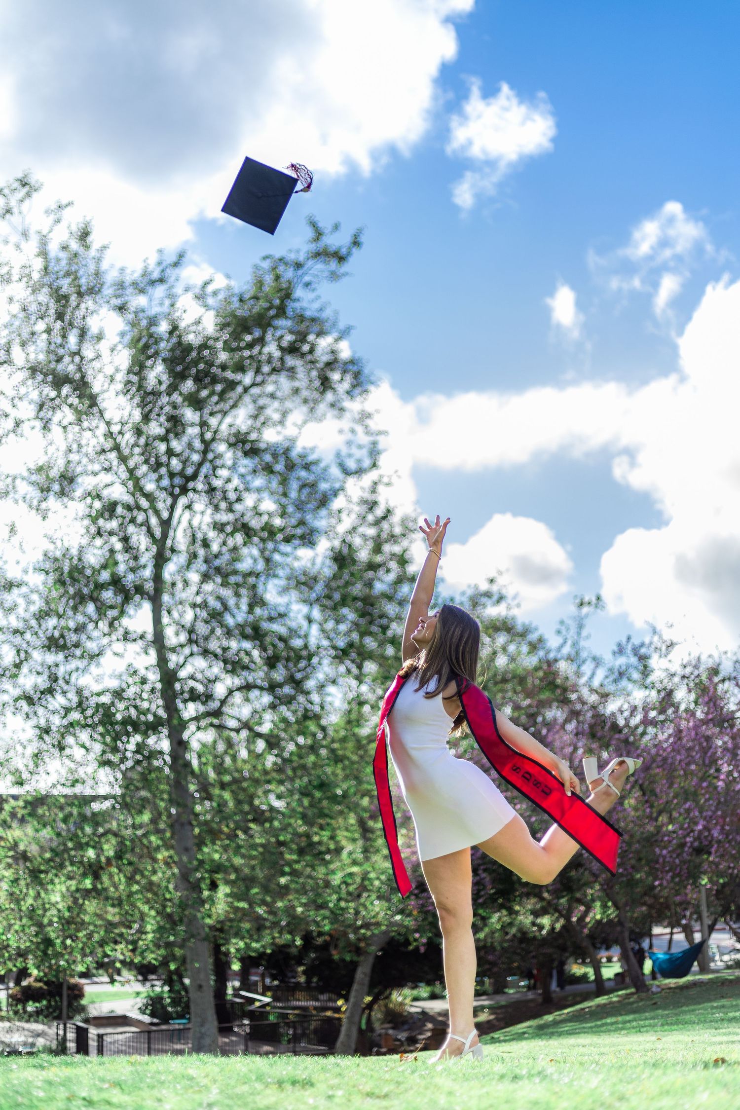Graduate tossing cap in air while posing in graduation attire on sunny day.