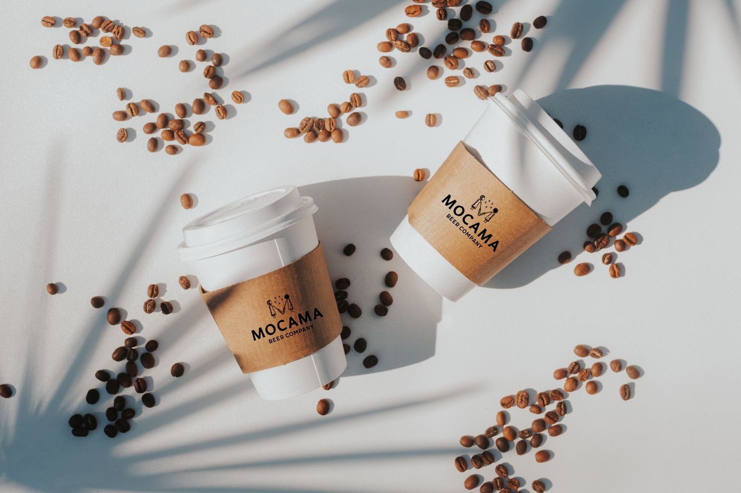Branding photograph for Mocama Coffee with coffee beans and palm leaf shadows in Fernandina Beach Florida