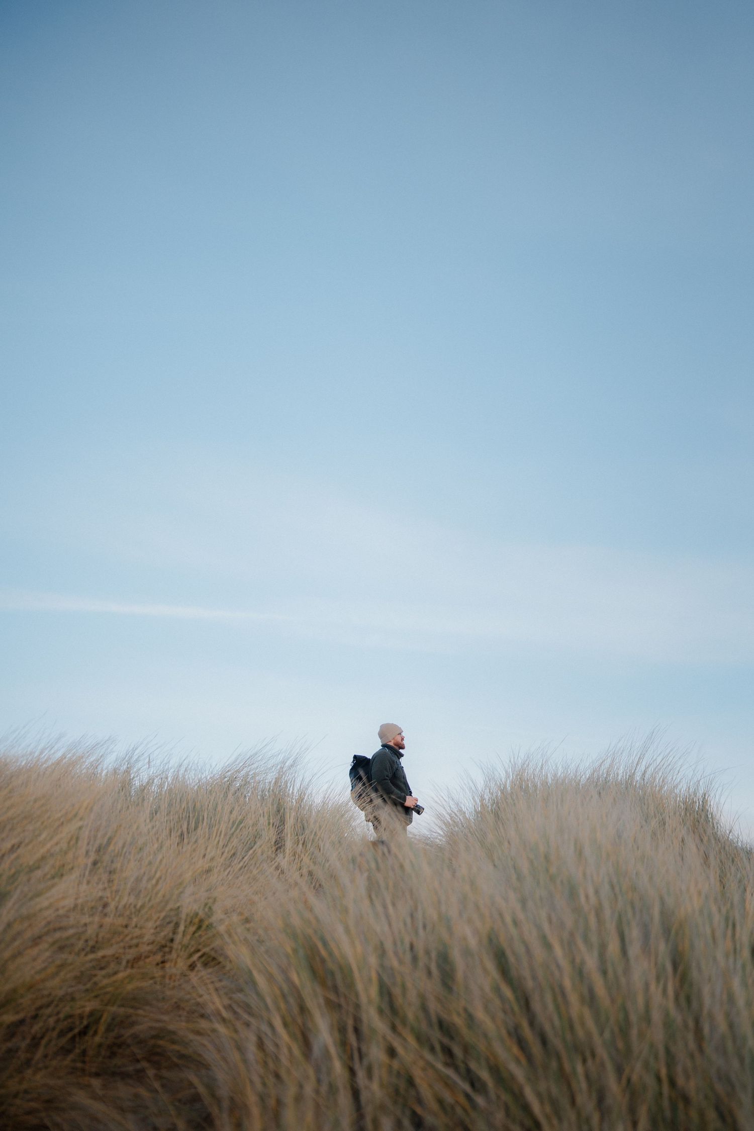Person standing among tall golden dune grass against a clear blue sky at the beach.
