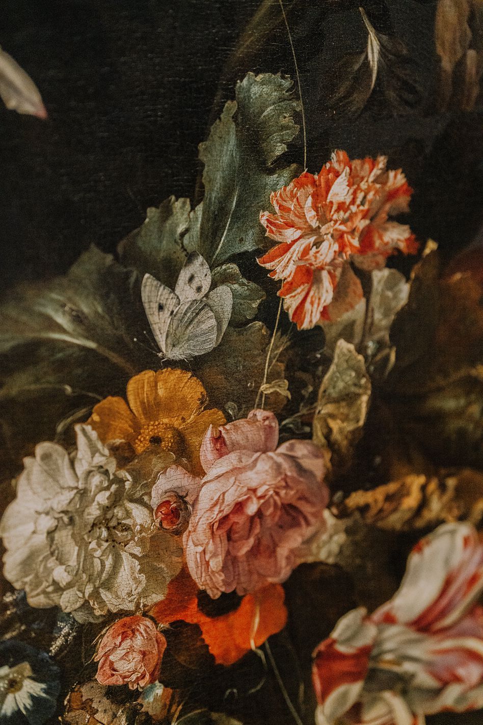 Close-up of a Dutch master-style floral painting featuring roses, carnations, and a white butterfly.