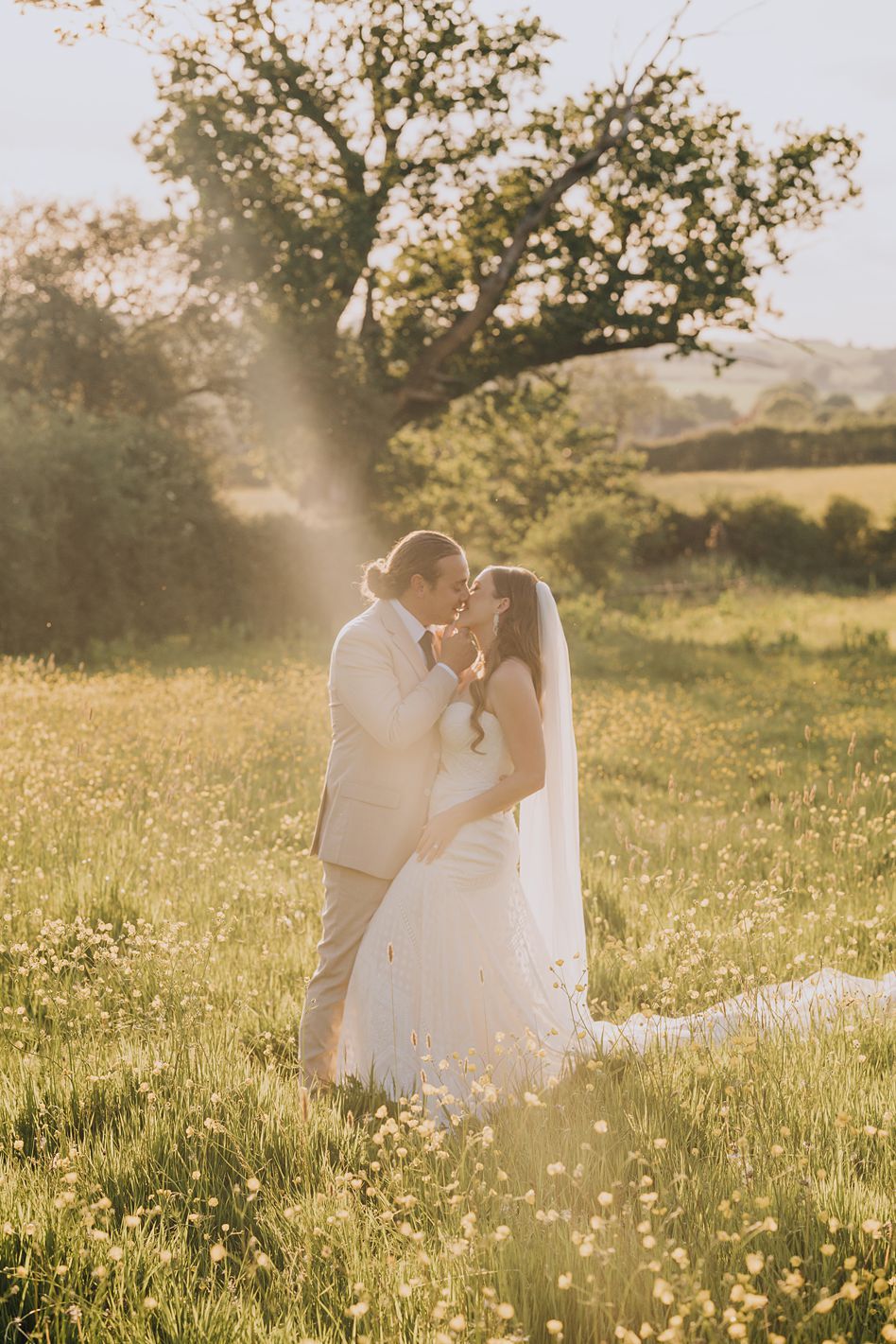 Bride and groom share romantic kiss in golden sunlit wildflower meadow with rolling countryside backdrop.