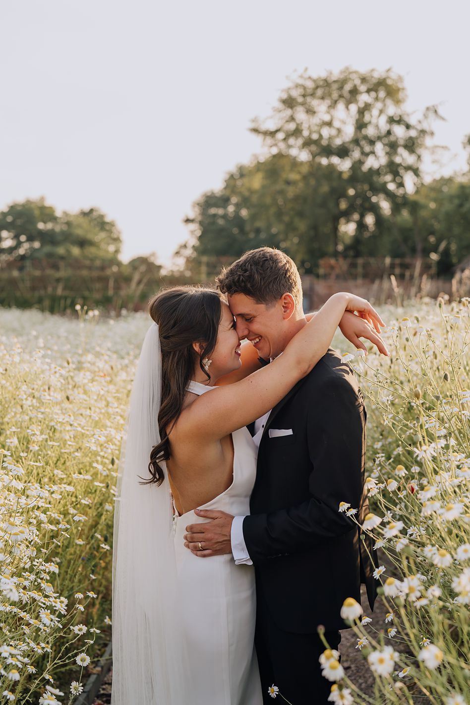 Wedding couple sharing an intimate moment surrounded by blooming wildflowers in a sunlit meadow.