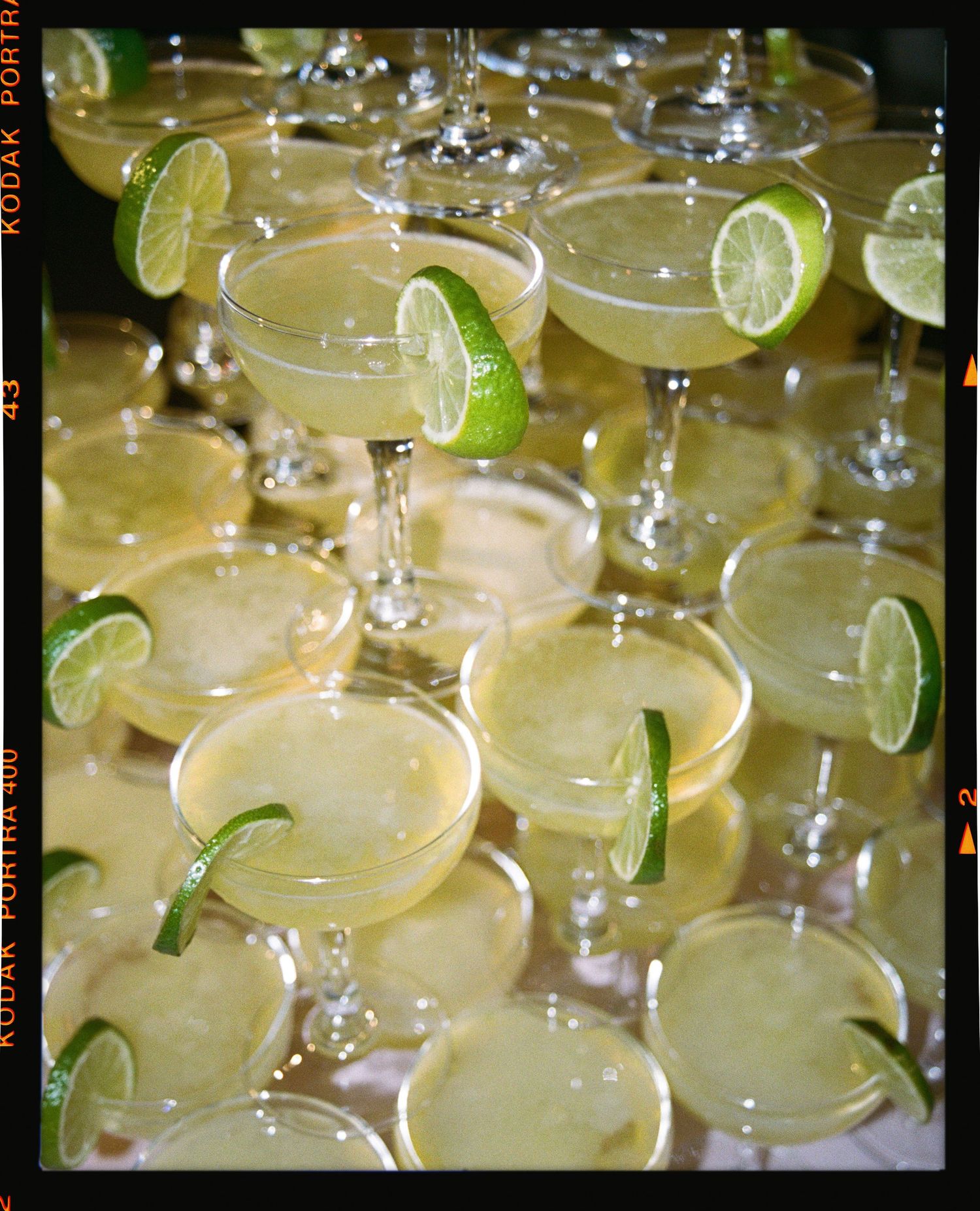 Elegant array of lime-garnished margarita cocktails in coupe glasses captured on Kodak Portra film.
