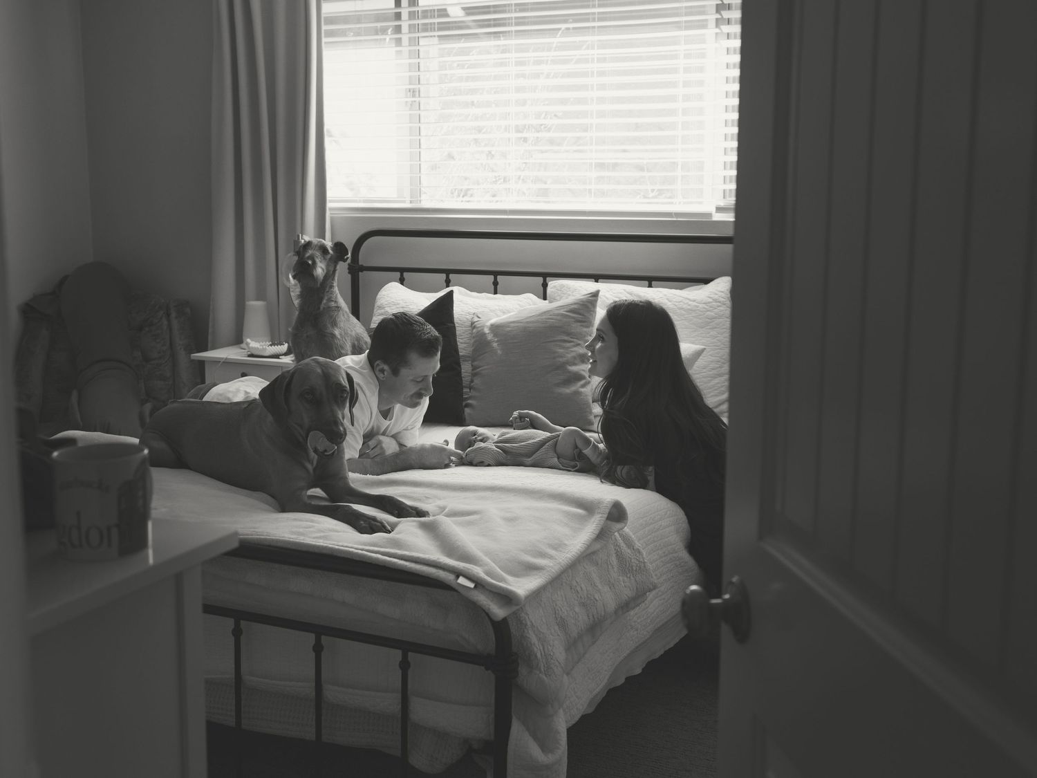 Moody grayscale interior bedroom shot with window light and furniture silhouettes.