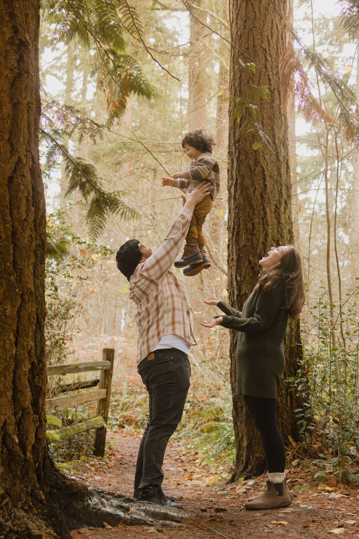 Playful family interactions in a forest setting with tall trees and natural lighting.