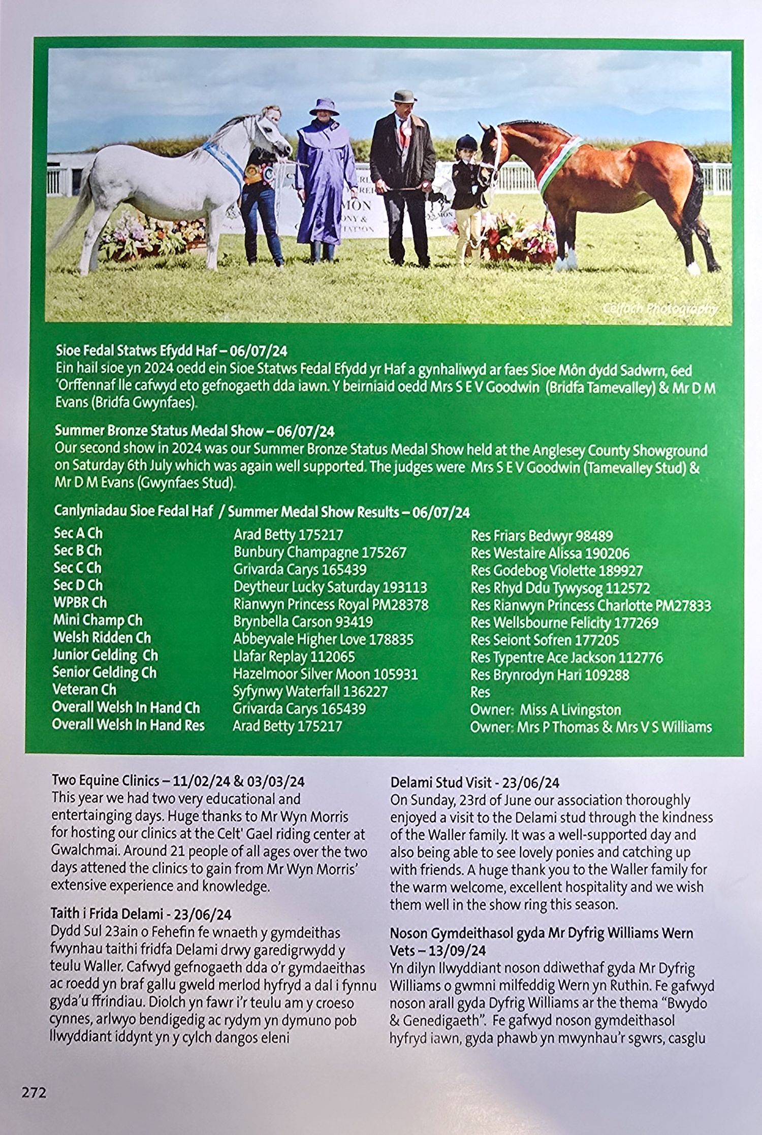 Horse show results and pedigree information displayed in a detailed text layout on a page.