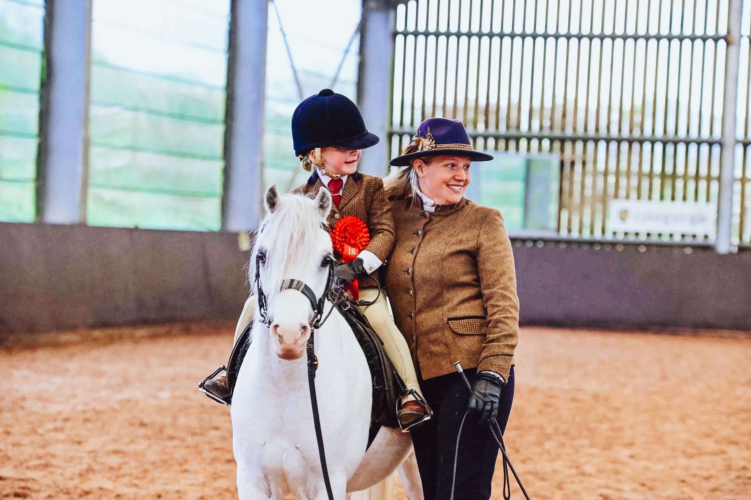 Horse and rider practicing in an indoor arena with natural lighting.